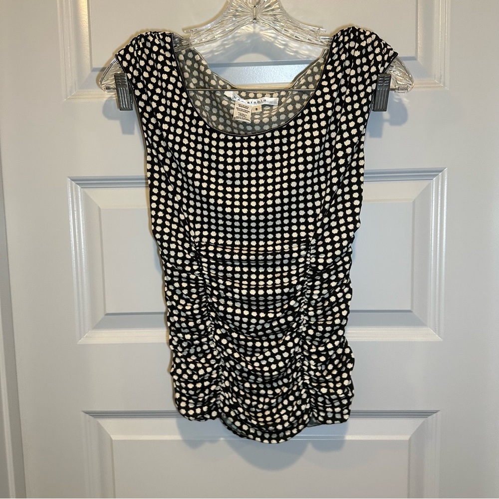Max Studio Cream/Black Print Stretch Short Sleeve Blouse S